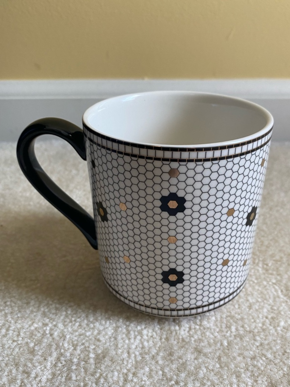 Anthropologie Bistro Tile Mug Initial Letter T Mosiac Coffee Black White Gold - Picture 3 of 8